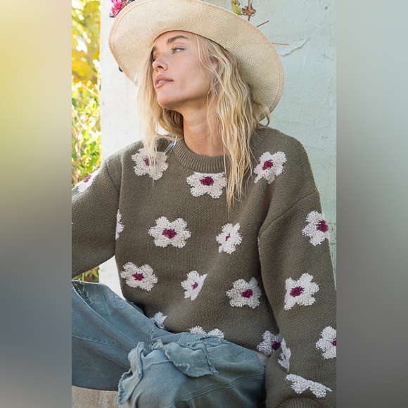 498. POL LAST 1! oversized olive green cream Berber flower Sweater Chunky - Picture 3 of 5